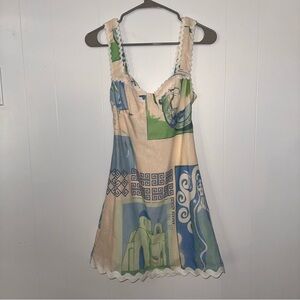 Unbranded Blue & Cream Mini Dress with Green Accents